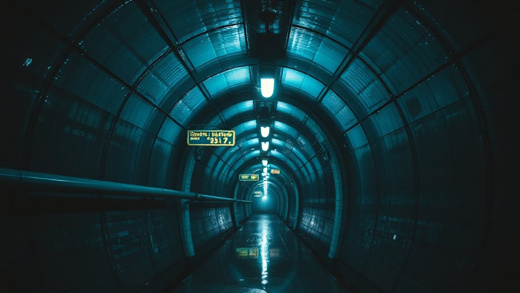 Abandoned subway tunnel with cyan bulb light